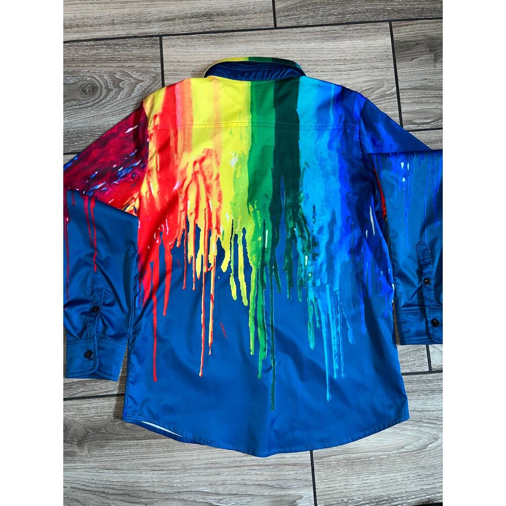 Blue Rainbow Colorful Long Sleeve Button shirt multi color